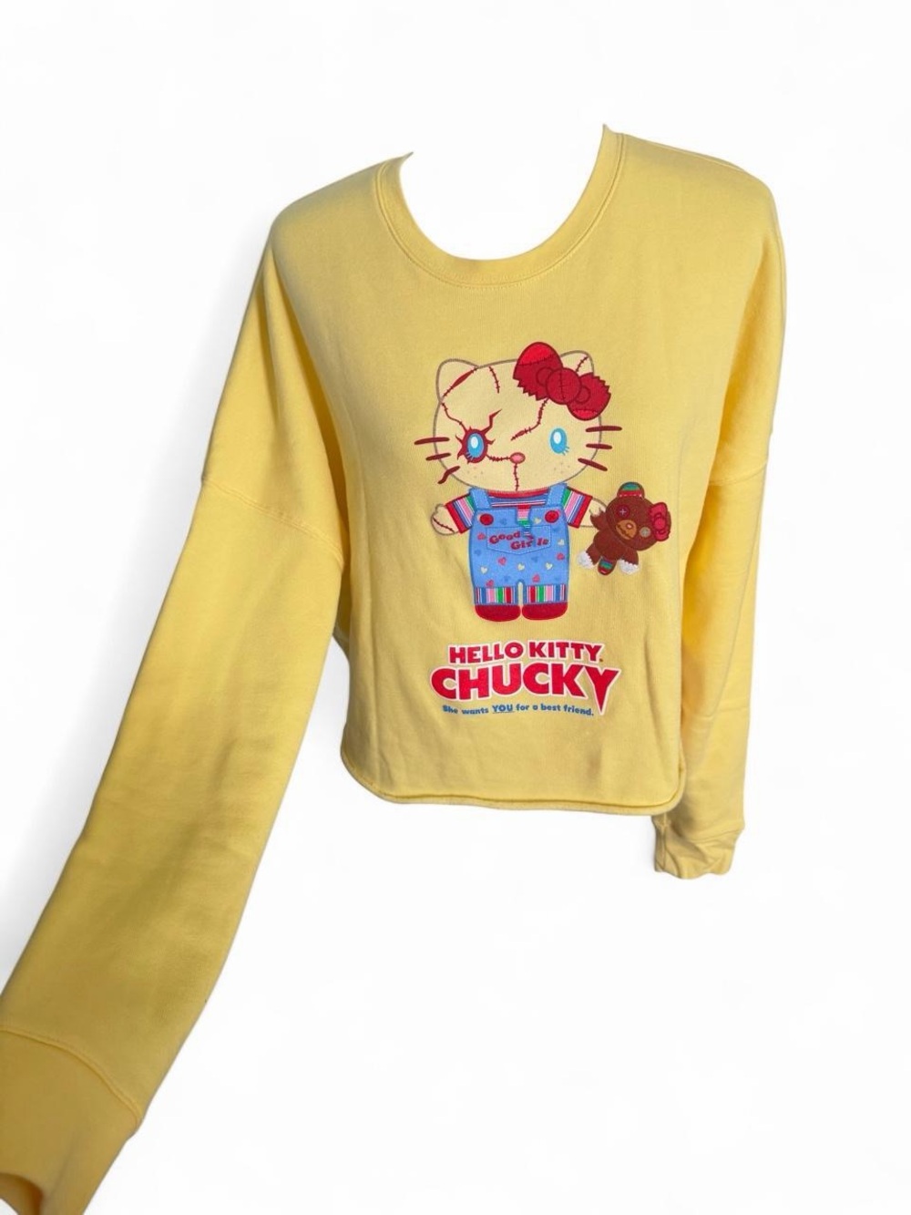 Hello Kitty Chucky Yellow Cropped Crewneck Sweatshirt XL Halloween Kawaii Horror